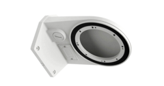 White wall mount bracket with black circular mounting ring for 20x UHDoC PTZ camera installation