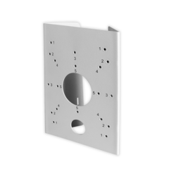 White pole mount bracket for wall installation with multiple pre-drilled holes for secure equipment mounting