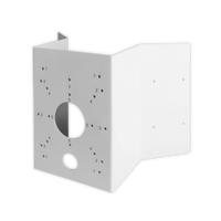 Universal corner and pole mount bracket for dome and bullet cameras with multiple mounting holes on gray metal plate