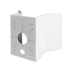 Universal corner and pole mount bracket for dome and bullet cameras with multiple mounting holes on gray metal plate