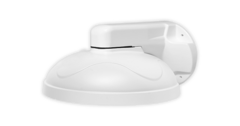 White wall mount bracket for V6 vandal dome cameras with curved protective housing and mounting hardware