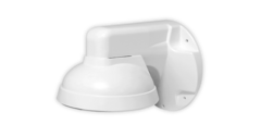 White wall mount bracket for vandal dome and turret cameras with curved dome housing and wall attachment plate