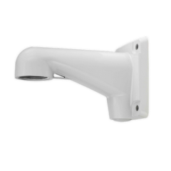White wall-mounted bracket for PTZ camera with angled arm and mounting holes for secure installation