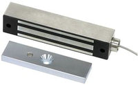 SECO-LARM weatherproof electromagnetic gate lock with 600 lb holding force, includes metal strike plate and mounting hardware