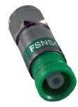 Belden RG6 compression F connector with green band and plenum rating label, isolated on gray background