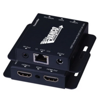 Vanco HDMI Extender over Cat5e/Cat6 cable with black metal housing, Ethernet port, and dual HDMI connections for network cab…