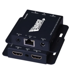 Vanco HDMI Extender over Cat5e/Cat6 cable with black metal housing, Ethernet port, and dual HDMI connections for network cab…