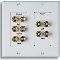 White 2-gang speaker wall plate with 5.0 surround sound connectors for front, center, and rear speakers