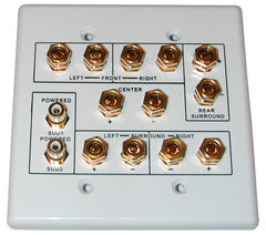Vanco 6.2 surround sound 2-gang speaker wall plate with five gold-plated binding post connectors arranged in white faceplate Main image