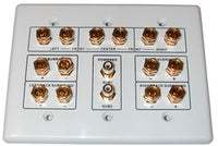 Vanco 7.2 surround sound 3-gang white speaker wall plate with six speaker terminals and audio connectors