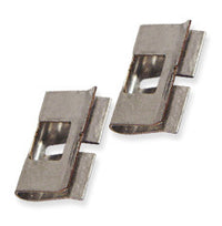 Two gray ICC 66 block bridging clips shown at different angles, displaying metal contact points and mounting slots