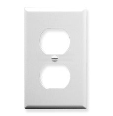 White single gang electrical faceplate with two duplex outlet openings for structured cabling installations