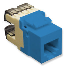 Blue RJ11 keystone jack with high density voice connectors and beige mounting bracket Main image