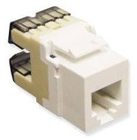 White ICC high density voice RJ11 keystone jack with black lever clips for structured cabling installations