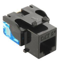 ICC Cat5e EZ modular keystone jack in black with blue label, showing quick-connect terminals and housing design