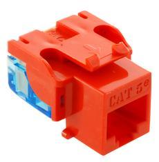 Orange Cat5e EZ modular keystone jack with blue labeling and snap-in connector design