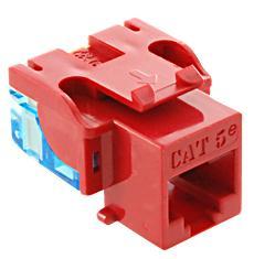 Red Cat5e EZ modular keystone jack with blue label and push-pull connector design for network cabling Main image