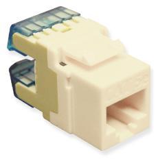 ICC Cat5e high density modular keystone jack in almond color with blue strain relief clip