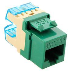 Green Cat5e high density modular keystone jack with blue cable management clip and beige mounting bracket
