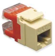 ICC Cat5e high density modular keystone jack in ivory with red latch, networking hardware component