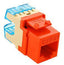 ICC Cat5e high density modular keystone jack in orange with blue label and cream housing for network cabling installation