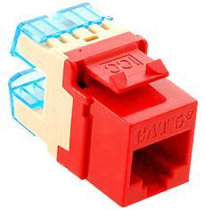 Red Cat5e high density modular keystone jack with blue punch-down terminals and mounting bracket Main image