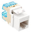 White Cat5e high density modular keystone jack with blue cable management clips installed on patch panel