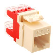 ICC HD Cat 6 Modular Keystone Jack in almond with red strain relief and eight pin slots for network cabling