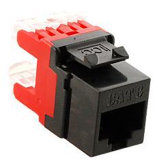 ICC HD Cat 6 Modular Keystone Jack in black and red, compatible with standard keystone wall plates and patch panels