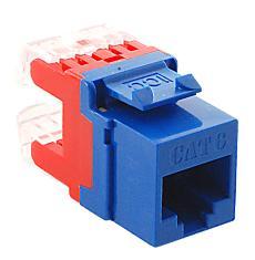 Blue HD Cat 6 modular keystone jack with red clip and open port showing internal wiring contacts