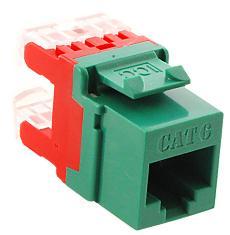 Green HD Cat 6 modular keystone jack with red strain relief clip for structured cabling installations Main image