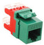 Green HD Cat 6 modular keystone jack with red strain relief clip for structured cabling installations