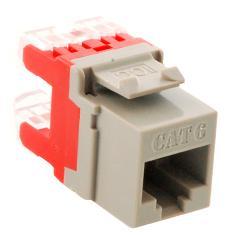 ICC HD Cat 6 modular keystone jack in gray with red strain relief clip and RJ45 port Main image