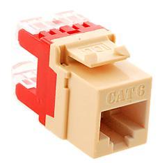 ICC HD Cat 6 modular keystone jack in ivory and red, showing RJ45 port and cable management clip design Main image