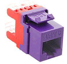 Purple ICC HD Cat 6 modular keystone jack with red strain relief clips for structured cabling installations
