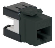 Black Cat 6A HD modular keystone jack with labeled port opening and mounting tabs for structured cabling installations Main image