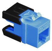 ICC Cat 6A HD modular keystone jack in blue with black strain relief boot, front and side view Main image