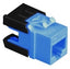 ICC Cat 6A HD modular keystone jack in blue with black strain relief boot, front and side view