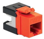 Orange Cat 6A HD modular keystone jack with black clips for network cabling installation