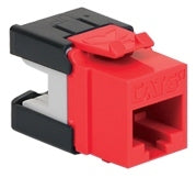 Red Cat 6A HD modular keystone jack with black strain relief boot for network cabling installations Main image
