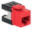 Red Cat 6A HD modular keystone jack with black strain relief boot for network cabling installations