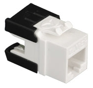 ICC Cat 6A HD modular keystone jack in white with black strain relief boot, angled view