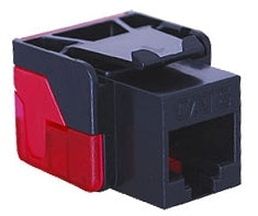 ICC Cat 6 EZ Modular Keystone Jack in black and red, showing quick-connect design for structured cabling installation