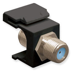 Black ICC nickel-plated F connector keystone jack with threaded metal ports for network cabling installations