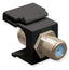 Black ICC nickel-plated F connector keystone jack with threaded metal ports for network cabling installations