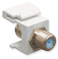 Nickel plated F connector keystone jack with white housing, rated for 3 GHz, featuring male threaded connectors for network …