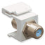 Nickel plated F connector keystone jack with white housing, rated for 3 GHz, featuring male threaded connectors for network …