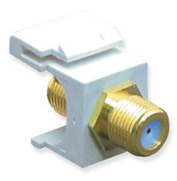Gold plated F connector keystone jack with blue insert, white housing, and brass threaded connectors for structured cabling