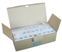 Open cardboard box containing 25 white ICC surface mount boxes with single port, displaying organized product packaging