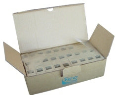 Bulk pack of 25 ivory surface mount boxes with 2-port capacity, displayed open showing internal compartments and packaging